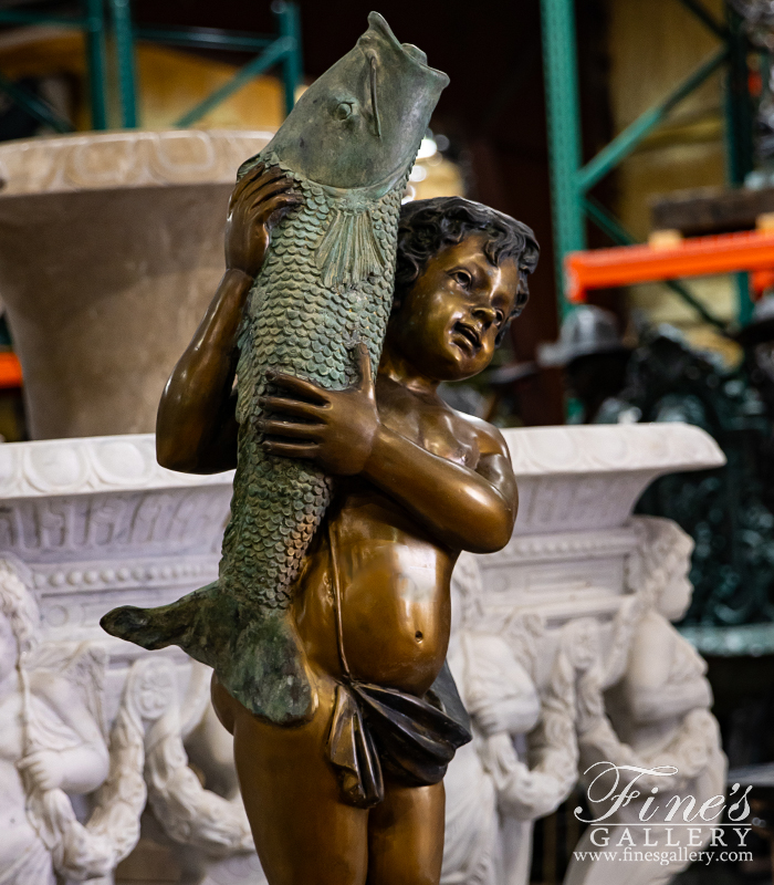 Bronze Fountains  - Boy Holding A Fish Bronze Fountain - BF-459