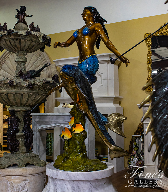 Bronze Fountains  - Bronze Mermaid, Dolphin And Tropical Fish Fountain - BF-714