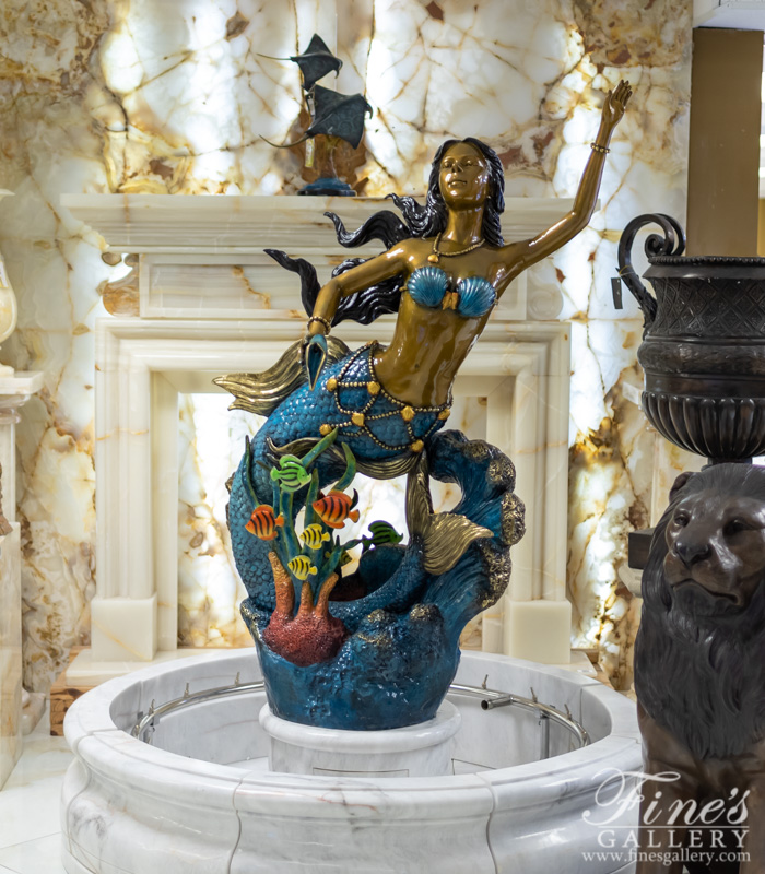 Bronze Fountains  - Bronze Mermaid And Tropical Fish Fountain Feature - BF-831