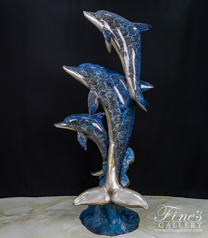 Bronze Fountains  - Three Dolphins Bronze Fountain In Dazzling Blue Enamel - BF-892