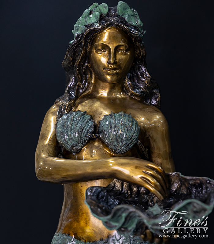 Bronze Fountains  - Standing Bronze Mermaid With Shell Fountain - BF-898