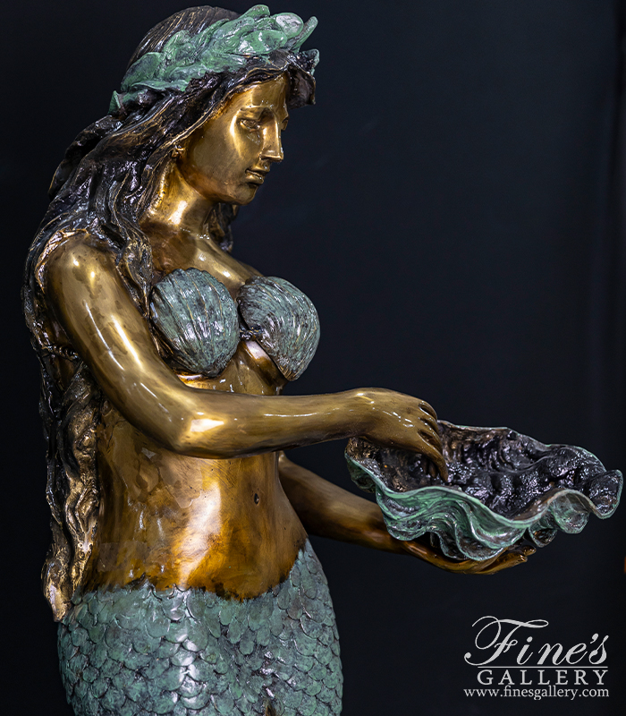 Bronze Fountains  - Standing Bronze Mermaid With Shell Fountain - BF-898