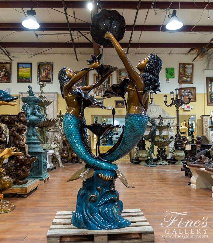 Bronze Fountains  - Two Mermaids And Lily Pads Fountain In Brilliant Blue Finish - BF-913