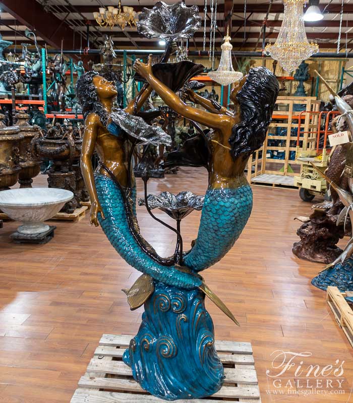 Bronze Fountains  - Two Mermaids And Lily Pads Fountain In Brilliant Blue Finish - BF-913