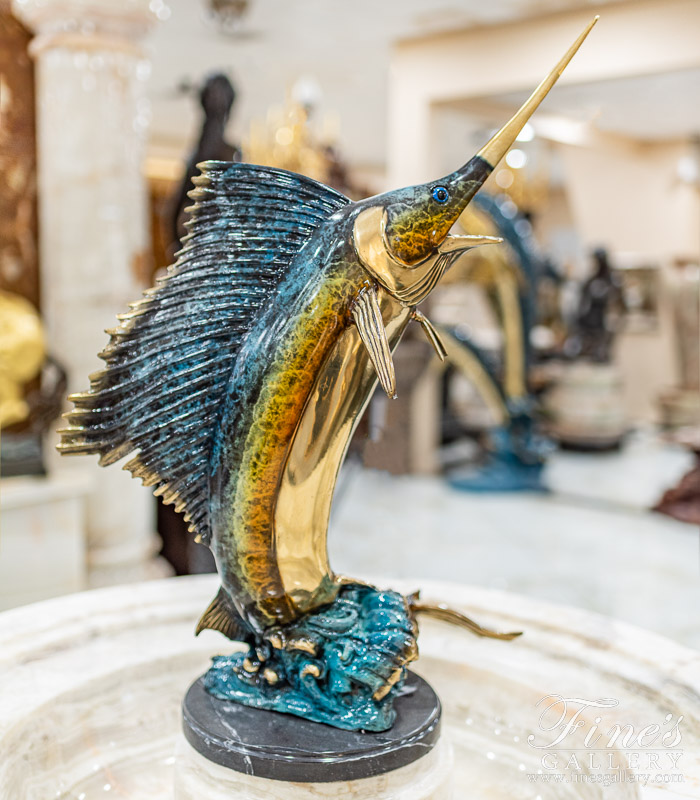 Bronze Fountains  - Bronze Sailfish In An Onyx Catch Basin - BF-931