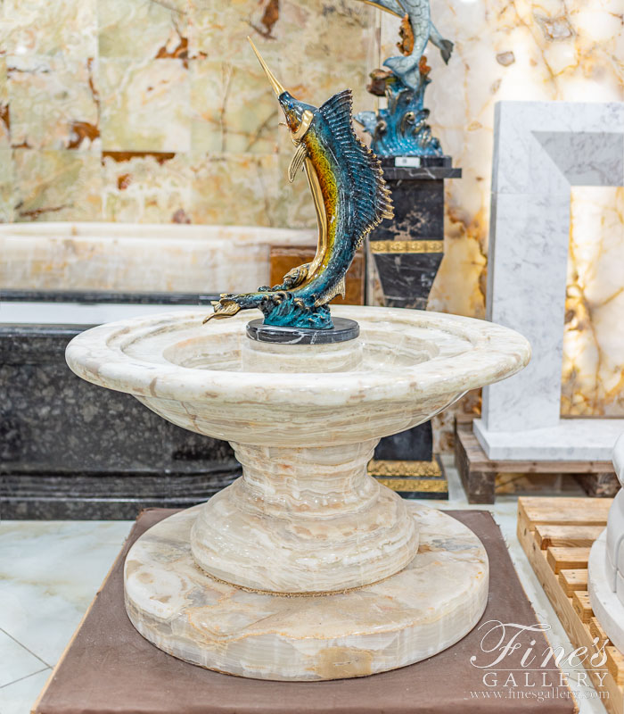 Bronze Fountains  - Bronze Sailfish In An Onyx Catch Basin - BF-931
