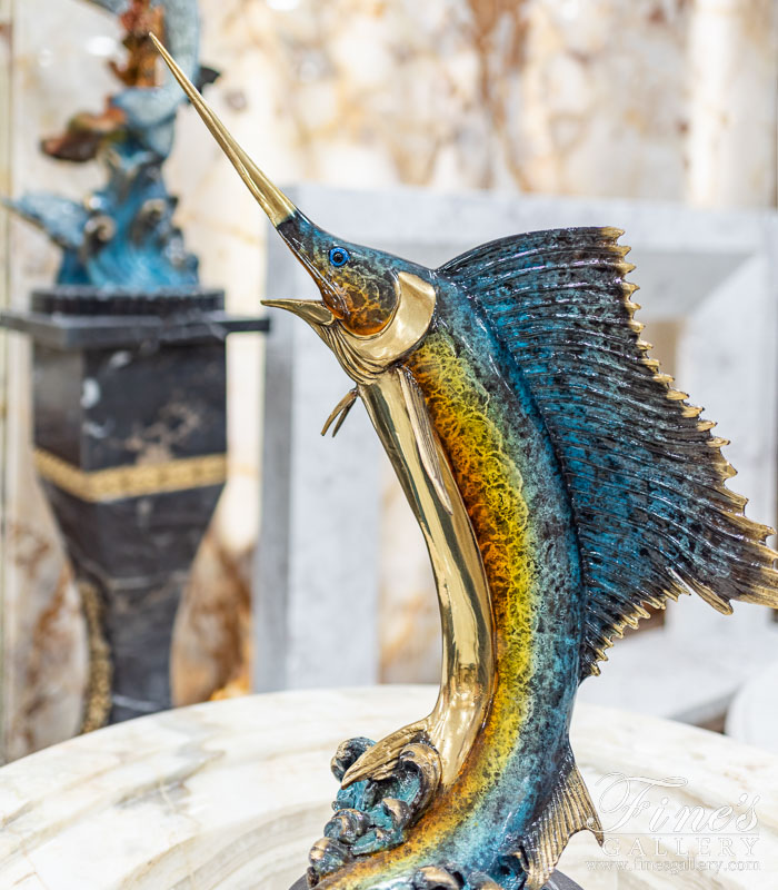 Bronze Fountains  - Bronze Sailfish In An Onyx Catch Basin - BF-931