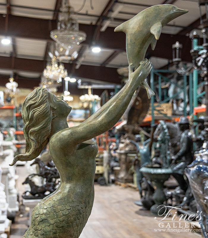 Bronze Fountains  - Mermaid And Dolphins Fountain In Patina Bronze - BF-932