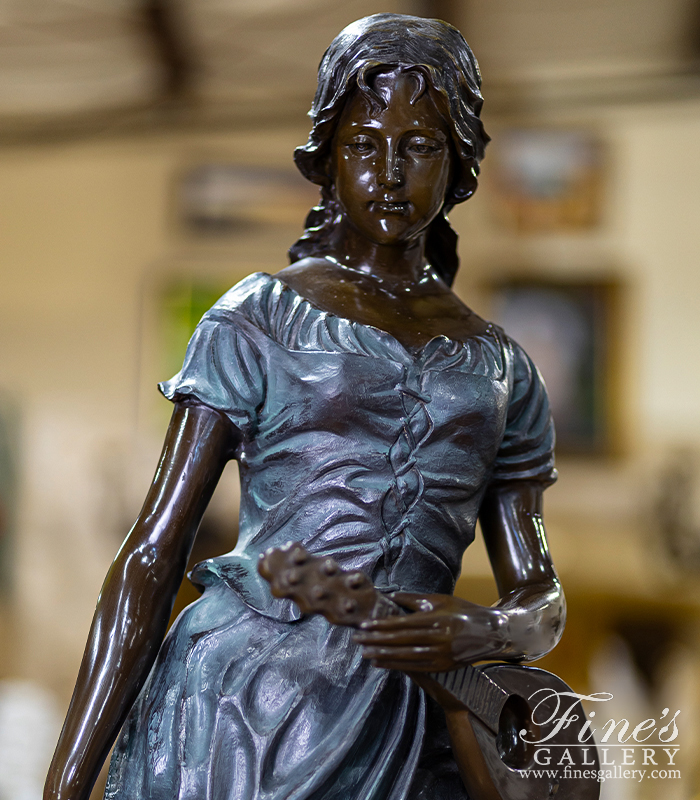 Bronze Statues  - Young Woman With Lute Statue - BS-1371