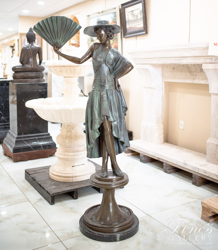 Bronze Statues  - A Vintage Lady Standing Holding Fan Bronze Statue - BS-141