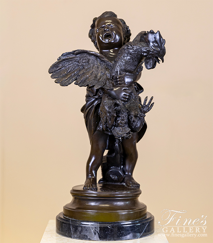 Bronze Statues  - Child With Rooster In Bronze - BS-1415