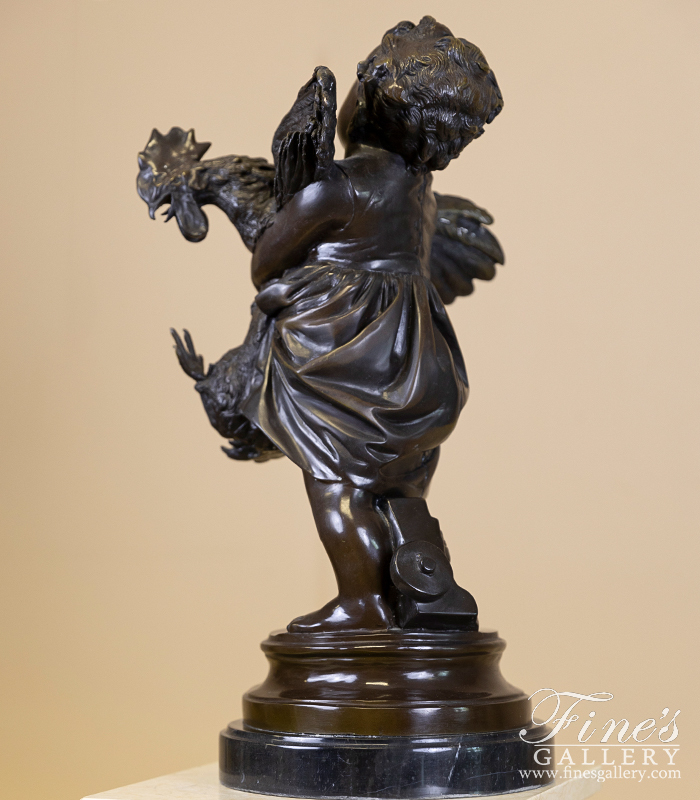 Bronze Statues  - Child With Rooster In Bronze - BS-1415