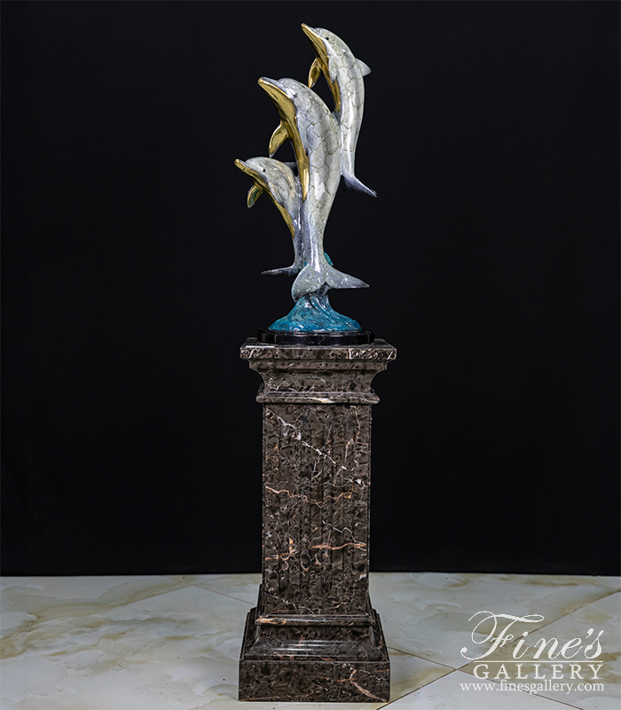 Bronze Statues  - Aqua Marine Blue Three Bronze Dolphins Desktop Statue - BS-1653