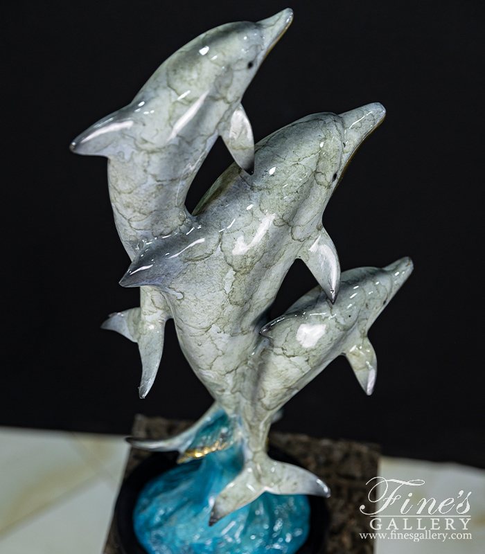 Bronze Statues  - Aqua Marine Blue Three Bronze Dolphins Desktop Statue - BS-1653