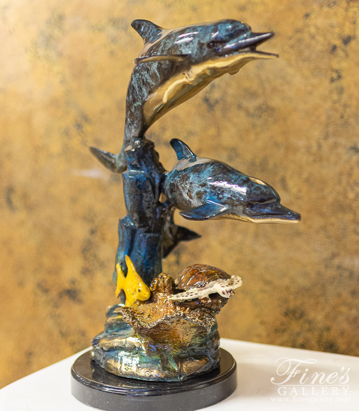 Bronze Statues  - Bronze Dolphins, Tropical Fish And Sea Turtle Tabletop Statue - BS-1689