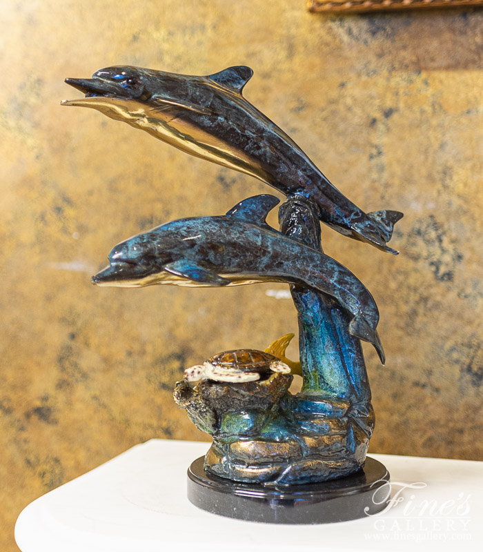 Bronze Statues  - Bronze Dolphins, Tropical Fish And Sea Turtle Tabletop Statue - BS-1689