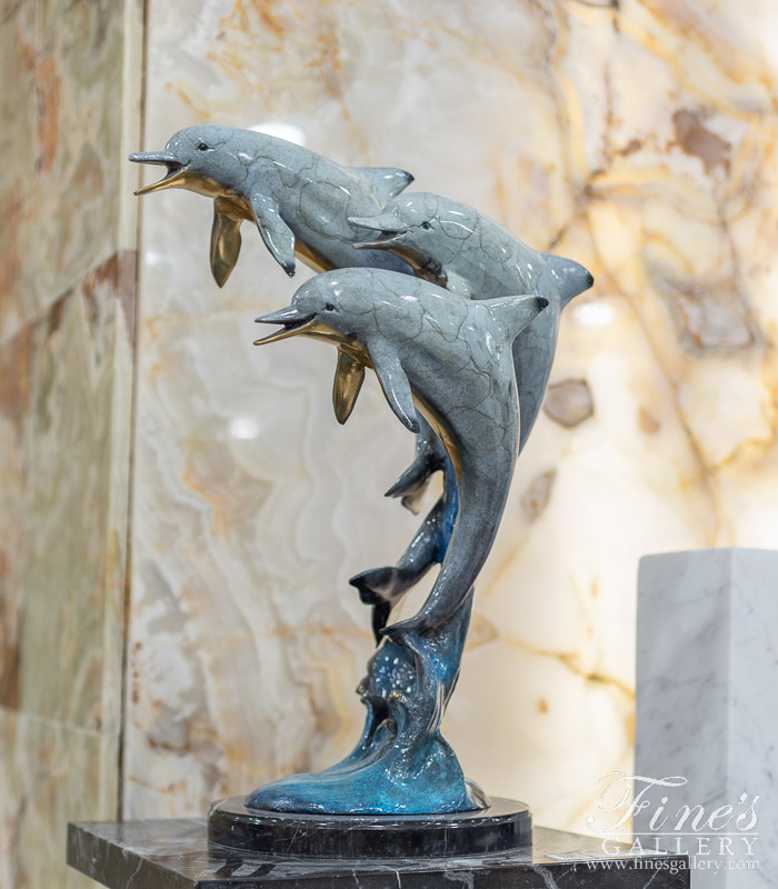 Bronze Statues  - Desktop Three Dolphins Statue In Brilliant Blue Bronze - BS-1705