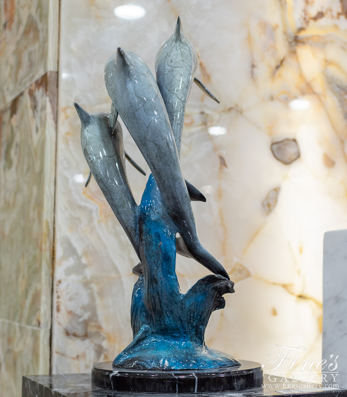 Bronze Statues  - Desktop Three Dolphins Statue In Brilliant Blue Bronze - BS-1705