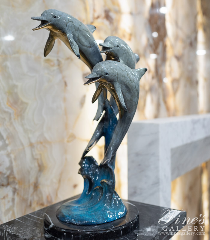 Bronze Statues  - Desktop Three Dolphins Statue In Brilliant Blue Bronze - BS-1705