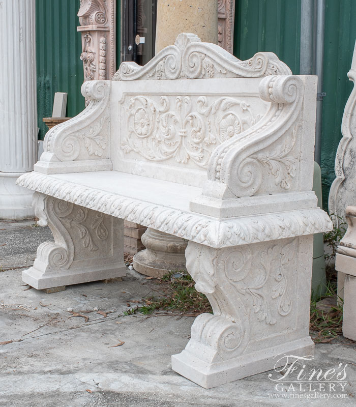 Marble Benches  - Elaborate Hand Carved Natural Stone Bench In Light Travertine - MBE-731