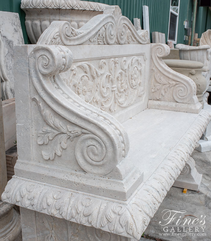 Marble Benches  - Elaborate Hand Carved Natural Stone Bench In Light Travertine - MBE-731