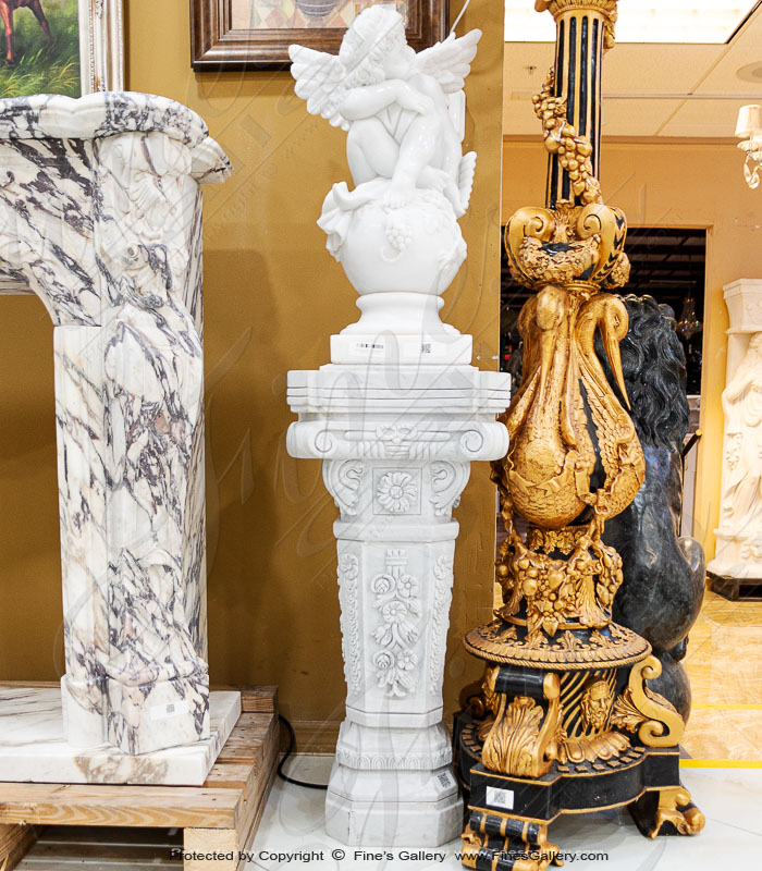 Marble Bases  - Floral Marble Pedestal Pair In Metrix White Marble - MBS-084