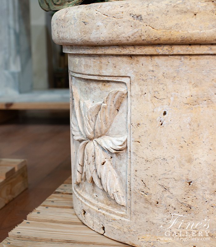 Marble Accessories  - Light Travertine Fountain Base With Accanthus Leaf Relief Work - MBS-320