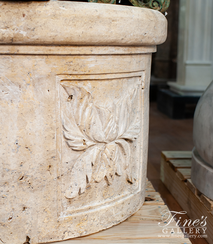 Marble Accessories  - Light Travertine Fountain Base With Accanthus Leaf Relief Work - MBS-320