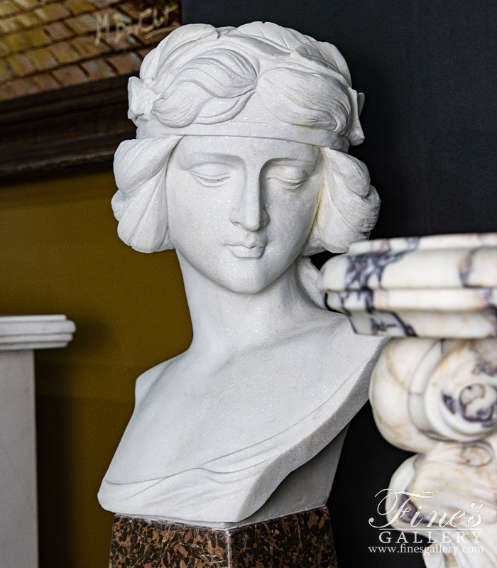 Marble Statues  - Statuary White Marble Bust Of An Art Nouveau Woman - MBT-474