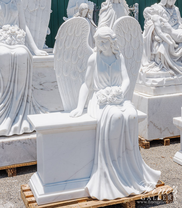 Marble Memorials  - Marble Angel On Bench Monument In Statuary White Marble - MEM-517