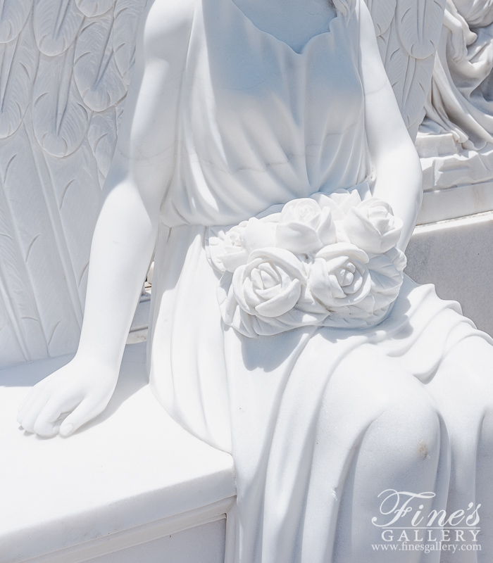 Marble Memorials  - Marble Angel On Bench Monument In Statuary White Marble - MEM-517