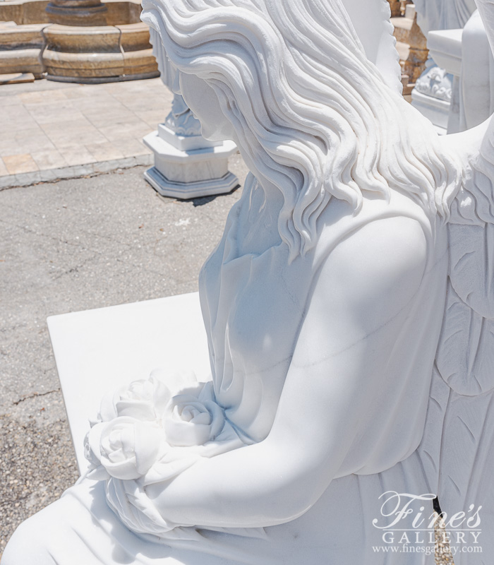 Marble Memorials  - Marble Angel On Bench Monument In Statuary White Marble - MEM-517