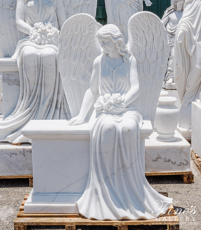 Marble Memorials  - Marble Angel On Bench Monument In Statuary White Marble - MEM-517