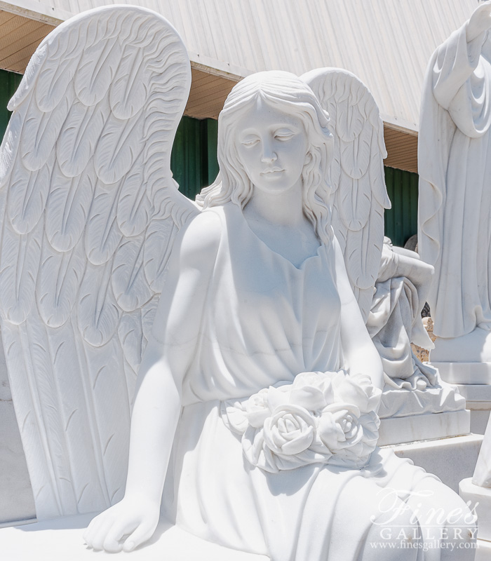 Marble Memorials  - Marble Angel On Bench Monument In Statuary White Marble - MEM-517