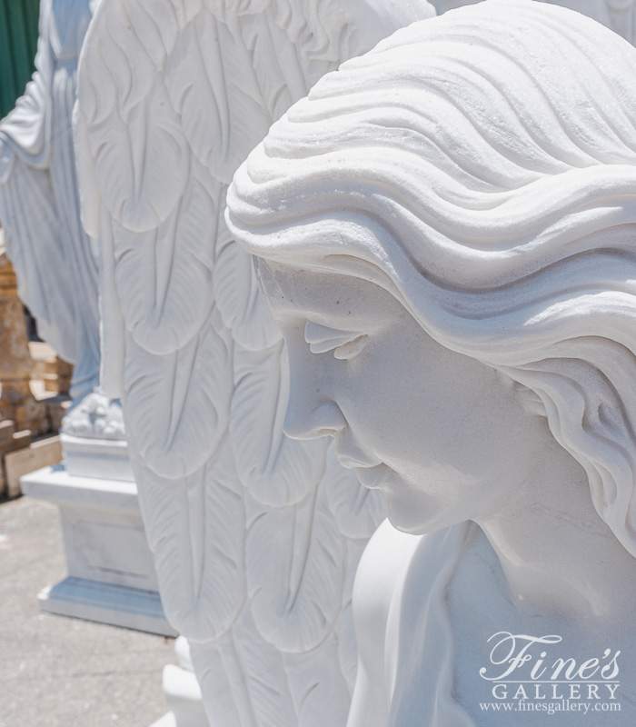 Marble Memorials  - Marble Angel On Bench Monument In Statuary White Marble - MEM-517