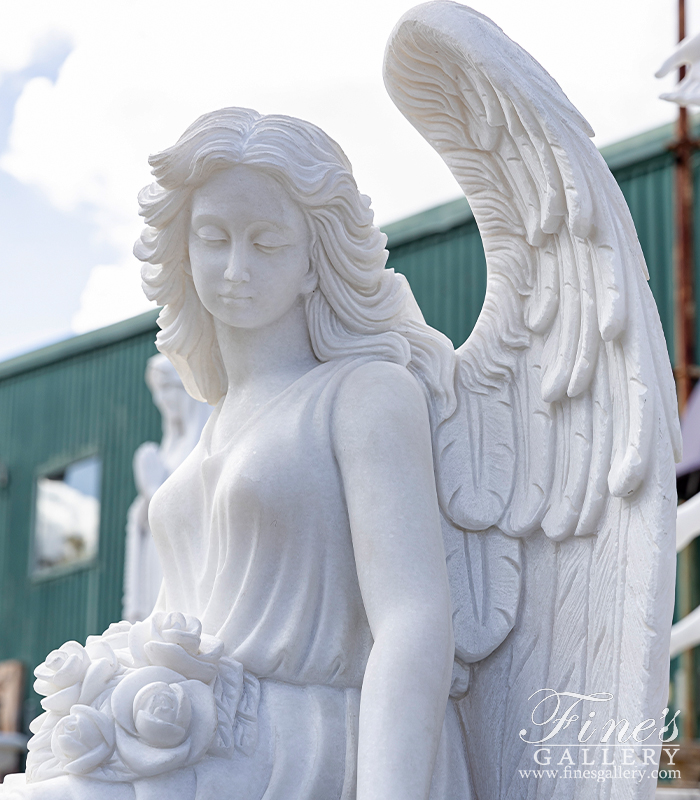 Marble Memorials  - White Marble Angel With Black Granite Bench And Urns - MEM-519