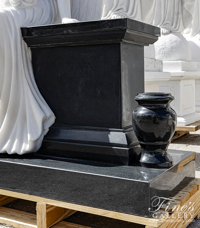 Marble Memorials  - White Marble Angel With Black Granite Bench And Urns - MEM-519