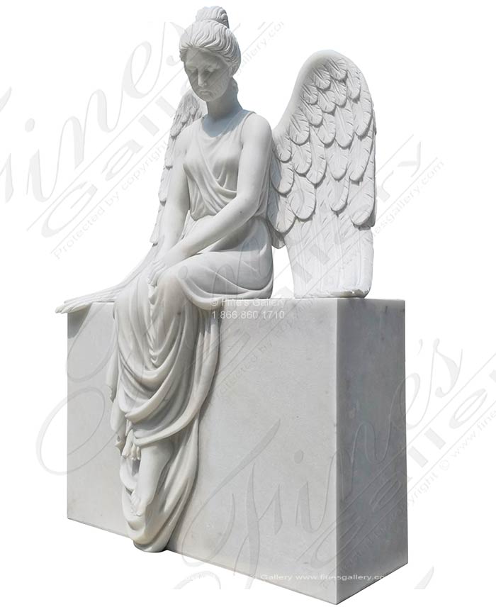 Marble Memorials  - Seated Marble Angel Monument In Statuary White Marble - MEM-524