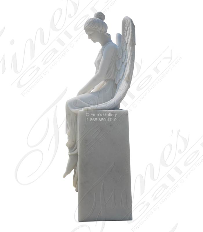 Marble Memorials  - Seated Marble Angel Monument In Statuary White Marble - MEM-524