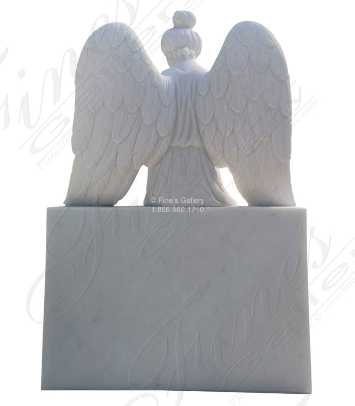 Marble Memorials  - Seated Marble Angel Monument In Statuary White Marble - MEM-524