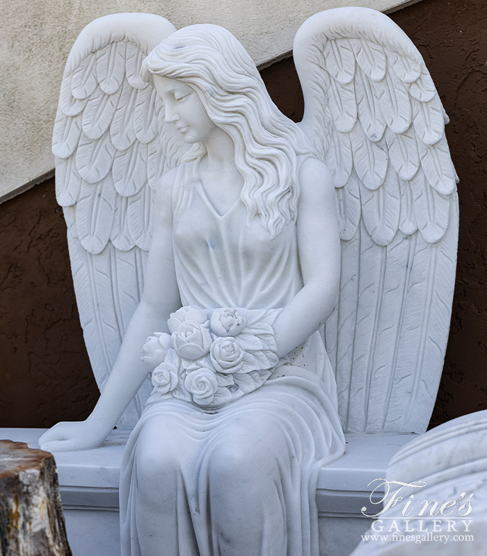 Marble Memorials  - Outstanding Quality Carved Marble Angel Monument, Sub Base And Urns - MEM-527