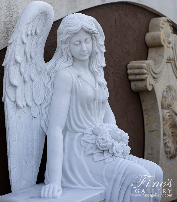 Marble Memorials  - Outstanding Quality Carved Marble Angel Monument, Sub Base And Urns - MEM-527