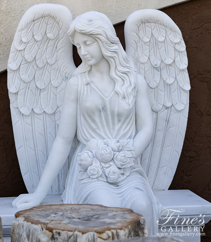 Marble Memorials  - Outstanding Quality Carved Marble Angel Monument, Sub Base And Urns - MEM-527