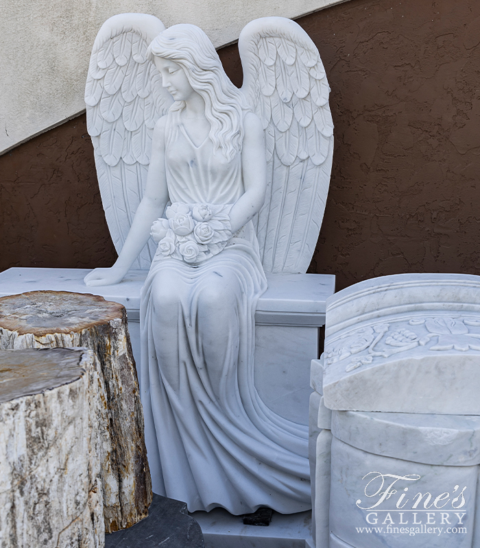 Marble Memorials  - Outstanding Quality Carved Marble Angel Monument, Sub Base And Urns - MEM-527