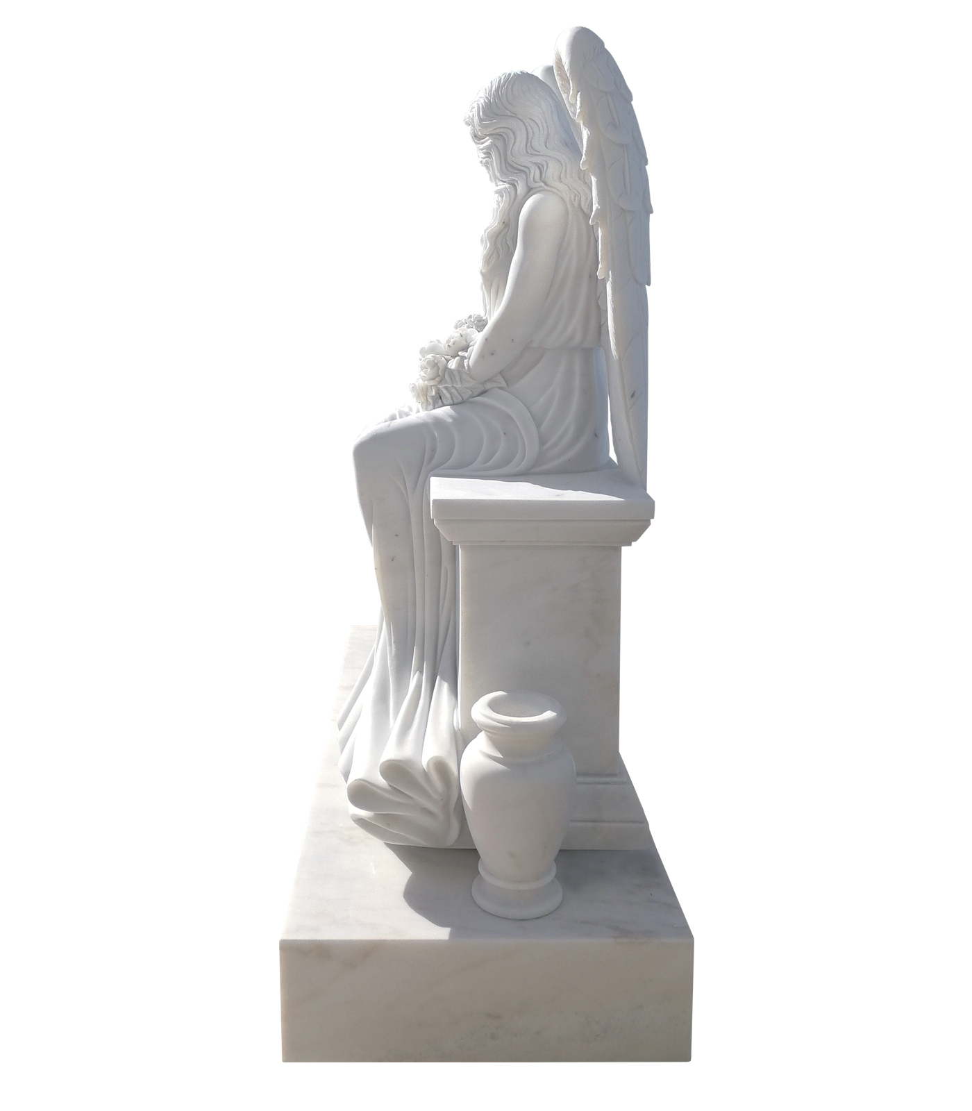 Marble Memorials  - Outstanding Quality Carved Marble Angel Monument, Sub Base And Urns - MEM-527