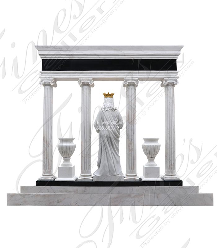 Marble Memorials  - Ionic Column Monument Featuring Golden Crowned Jesus Statue - MEM-528