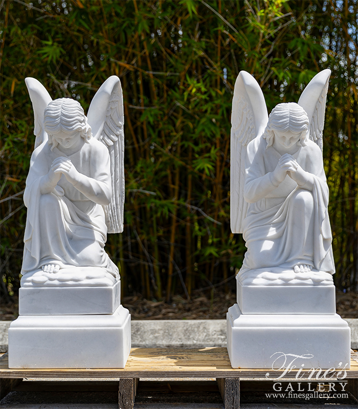 Marble Memorials  - Kneeling Praying Angel Pair In Statuary Marble - MEM-533