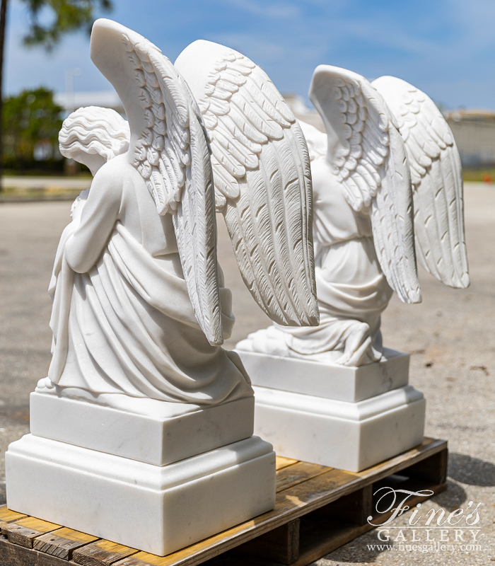 Marble Memorials  - Kneeling Praying Angel Pair In Statuary Marble - MEM-533