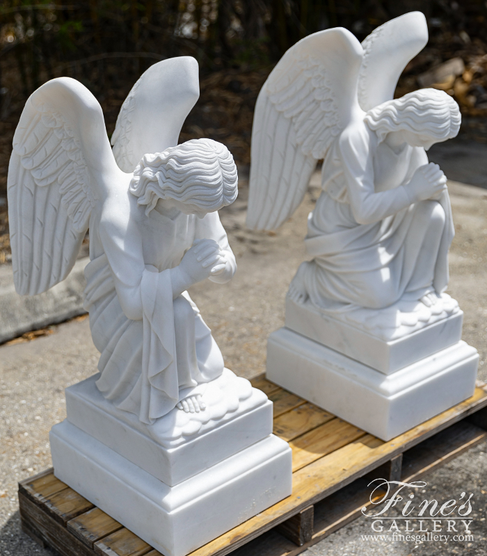 Marble Memorials  - Kneeling Praying Angel Pair In Statuary Marble - MEM-533