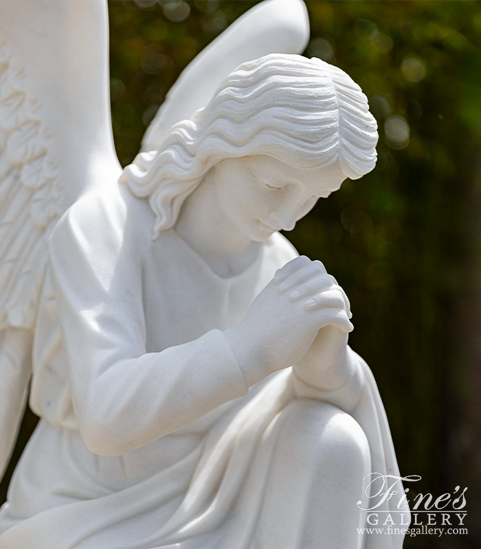 Marble Memorials  - Kneeling Praying Angel Pair In Statuary Marble - MEM-533